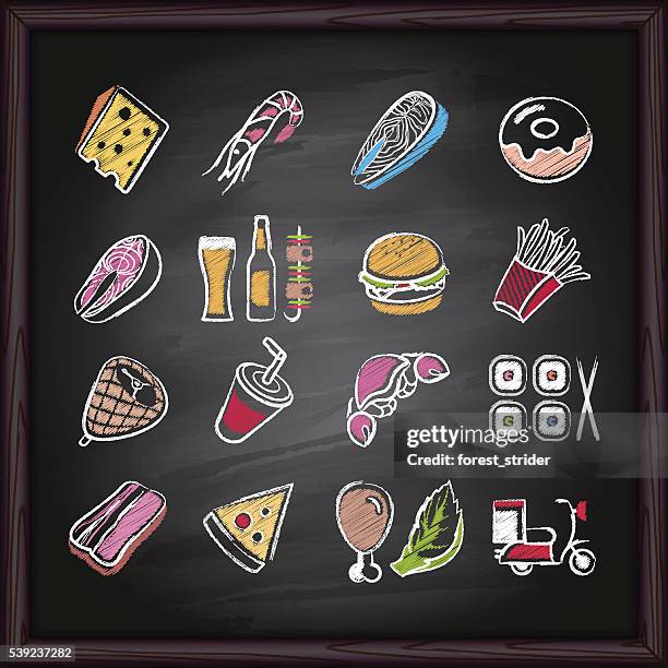 food_deliver_icons_on_chalkboard - chalk drawing stock illustrations