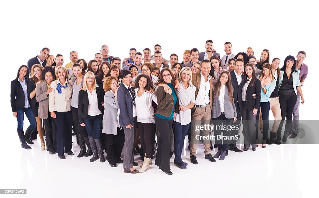 Large group of happy embraced business people.