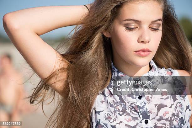 teenage beauty outdoors summer portrait - sleeveless shirt stock pictures, royalty-free photos & images