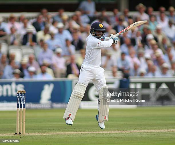 Kusal Mendis of Sri Lanka plays a shot during day two of the 3rd Investec Test match between England and Sri Lanka at Lords Cricket Ground on June...