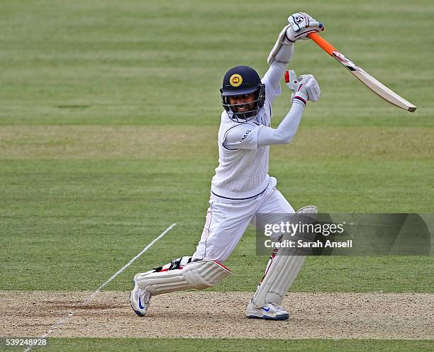 Kaushal Silva of Sri Lanka hits out during day two of the 3rd Investec Test match between England and Sri Lanka at Lord's Cricket Ground on June 10,...