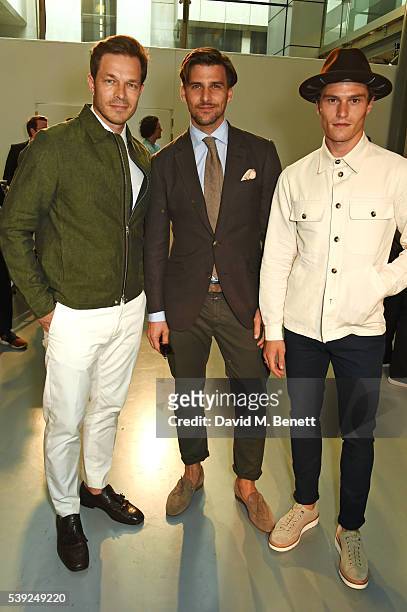 Paul Sculfor, Johannes Huebl and Oliver Cheshire attend the Oliver Spencer show during The London Collections Men SS17 at the BFC Show Space on June...