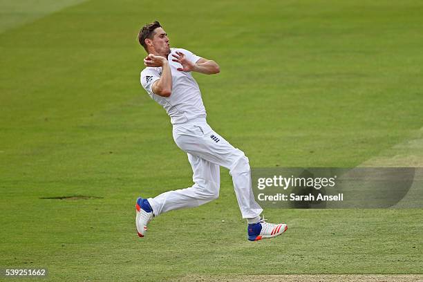 Chris Woakes of England bowls during day two of the 3rd Investec Test match between England and Sri Lanka at Lord's Cricket Ground on June 10, 2016...