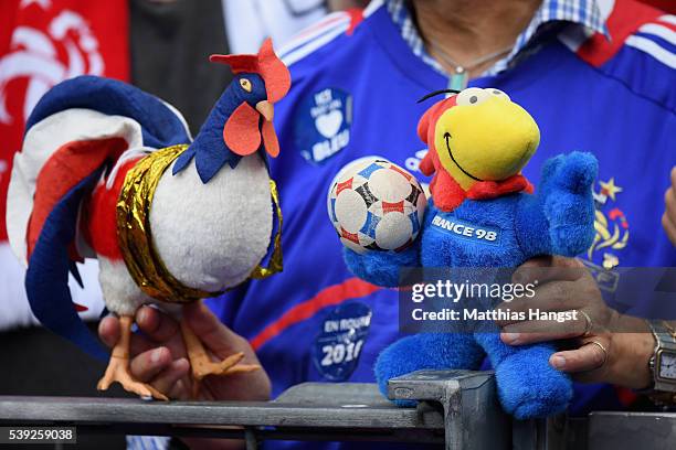 French supporter holding the soft toy of Footix , mascot of 1998 FIFA World Cup is seen prior to the UEFA Euro 2016 Group A match between France and...