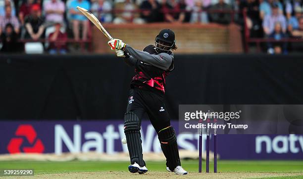 Chris Gayle of Somerset hits out during the Natwest T20 Blast match between Somerset and Surrey at The Cooper Associates County Ground on June 10,...