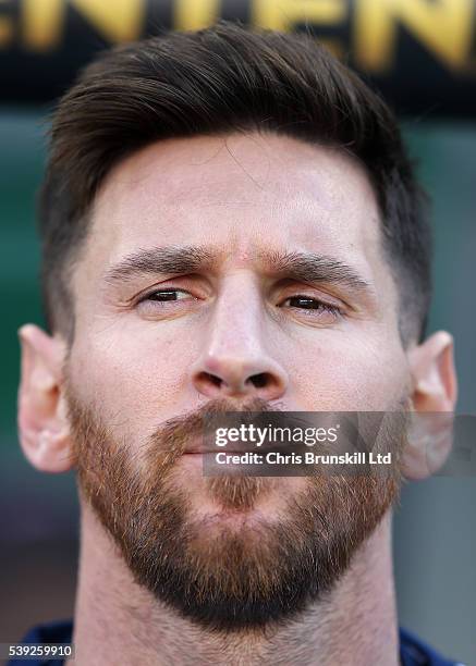 Lionel Messi of Argentina looks on during the Copa America Centenario Group D match between Argentina and Chile at Levi's Stadium on June 6, 2016 in...