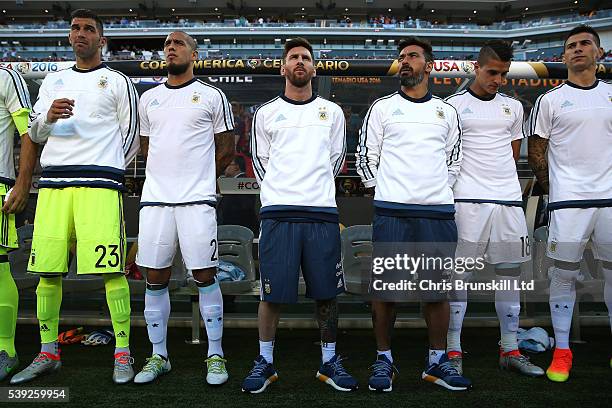 Lionel Messi of Argentina looks on during the Copa America Centenario Group D match between Argentina and Chile at Levi's Stadium on June 6, 2016 in...