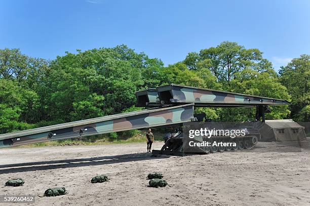 Iguana support bridge mounted on Leopard I tank, combat engineer vehicle of the Belgian army, Belgium.