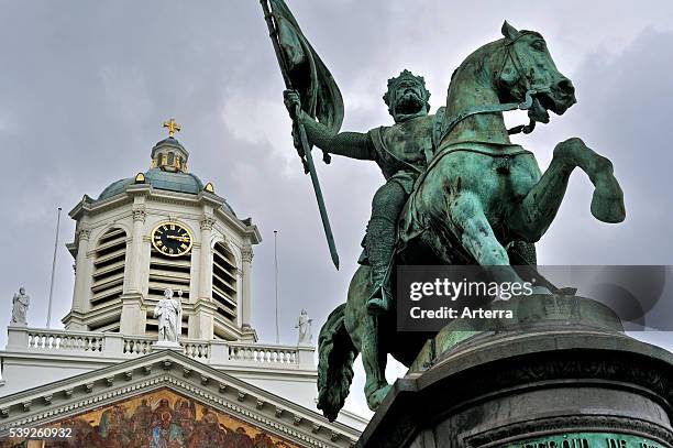 Equestrian statue of Godfrey of Bouillon and the Church of Saint Jacques-sur-Coudenberg at the Place Royale / Royal Square / Koningsplein, Brussels,...