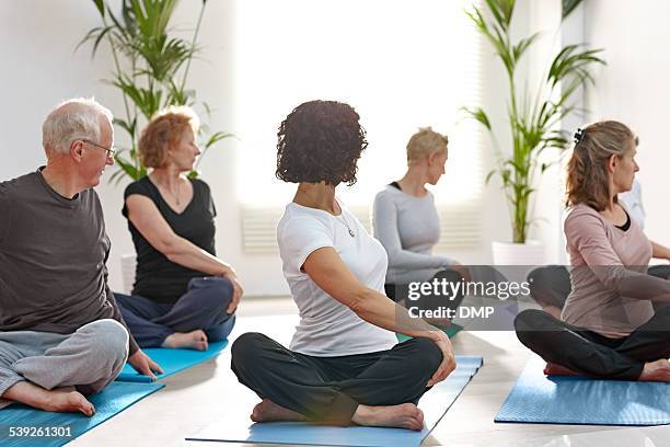 group of mature people practicing yoga - twisted stockfoto's en -beelden