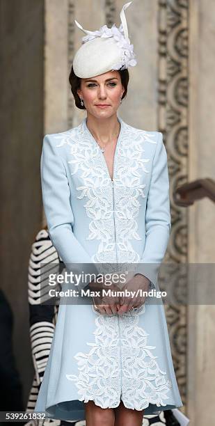 Catherine, Duchess of Cambridge attends a national service of thanksgiving to mark Queen Elizabeth II's 90th birthday at St Paul's Cathedral on June...