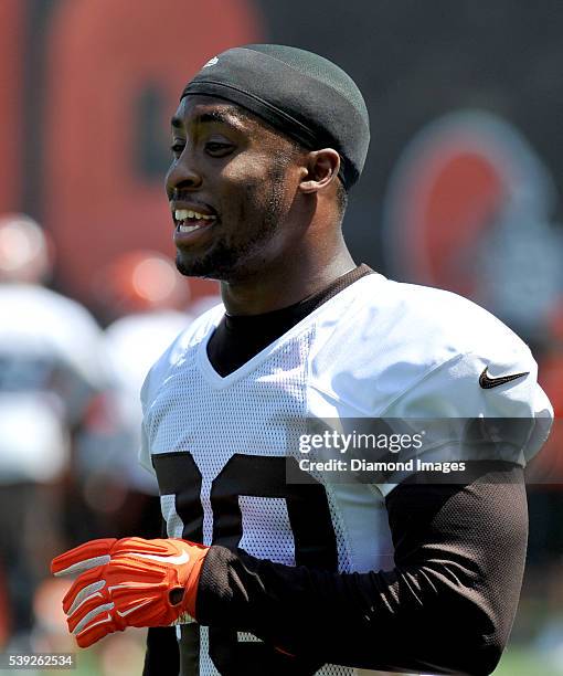 Defensive back Rahim Moore of the Cleveland Browns walks onto the field during an OTA on June 1, 2016 at the Cleveland Browns training facility in...