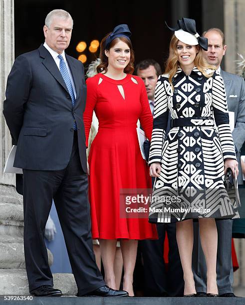 Prince Andrew, Duke of York, Princess Eugenie and Princess Beatrice attend a national service of thanksgiving to mark Queen Elizabeth II's 90th...