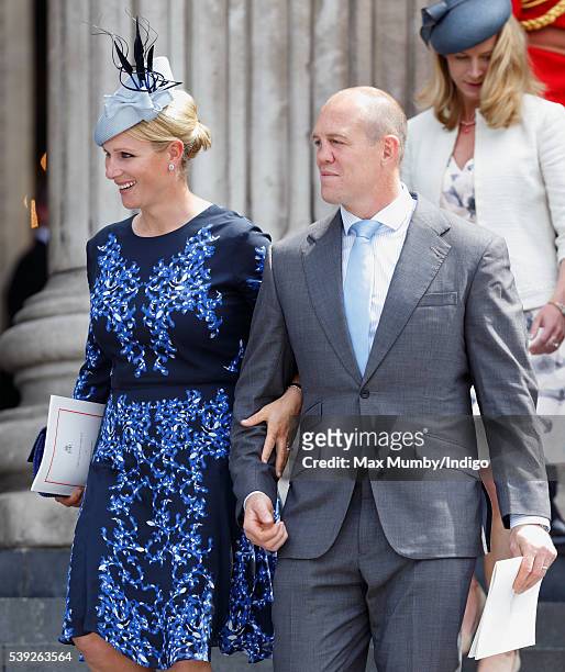 Zara Phillips and Mike Tindall attend a national service of thanksgiving to mark Queen Elizabeth II's 90th birthday at St Paul's Cathedral on June...
