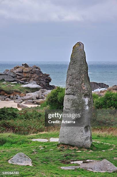 Kergoarat menhir / Saint-Eden menhir / Cam Louis menhir near Plouescat, Finistere, Brittany, France.