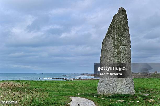 Kergoarat menhir / Saint-Eden menhir / Cam Louis menhir near Plouescat, Finistere, Brittany, France.