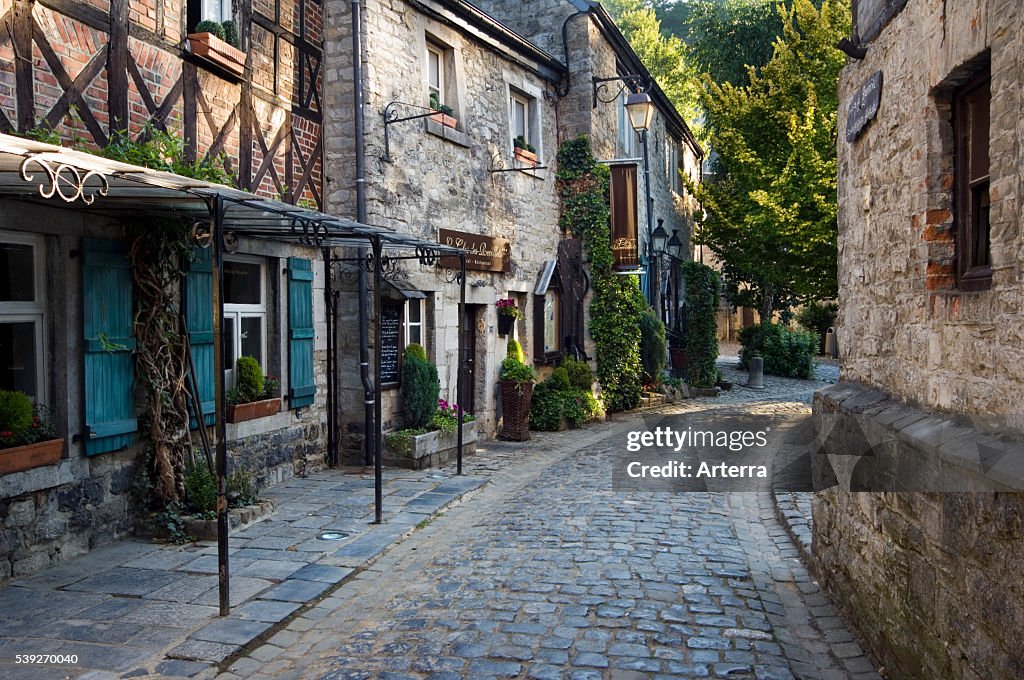 Houses and restaurants in natural stone in alley at Durbuy
