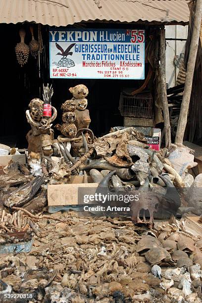 Animal bones, body parts and skulls for sale for traditional medicine purposes at fetish market in Lome, Togo, West Africa.
