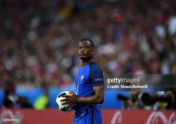 Patrice Evra of France prepares for a throw in during the UEFA Euro 2016 Group A match between France and Romania at Stade de France on June 10, 2016...