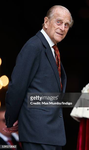 Prince Philip, Duke of Edinburgh attends a national service of thanksgiving to mark Queen Elizabeth II's 90th birthday at St Paul's Cathedral on June...