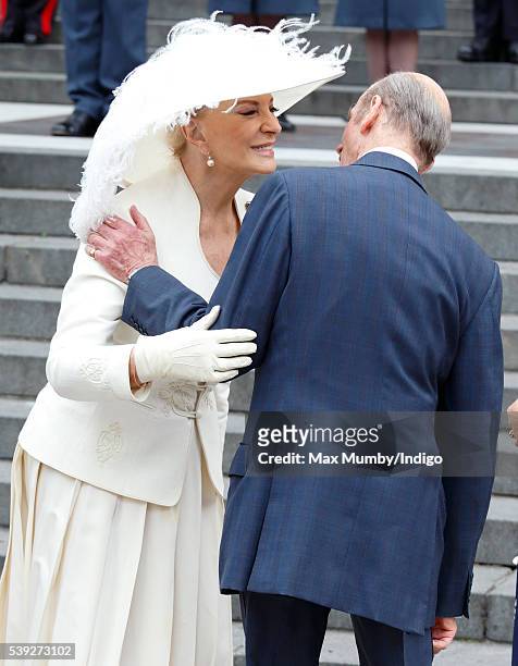 Princess Michael of Kent kisses Prince Edward, Duke of Kent as they attend a national service of thanksgiving to mark Queen Elizabeth II's 90th...