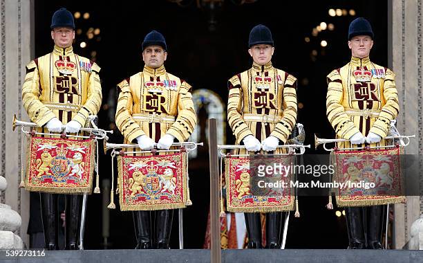 State Trumpeters seen at a national service of thanksgiving to mark Queen Elizabeth II's 90th birthday at St Paul's Cathedral on June 10, 2016 in...