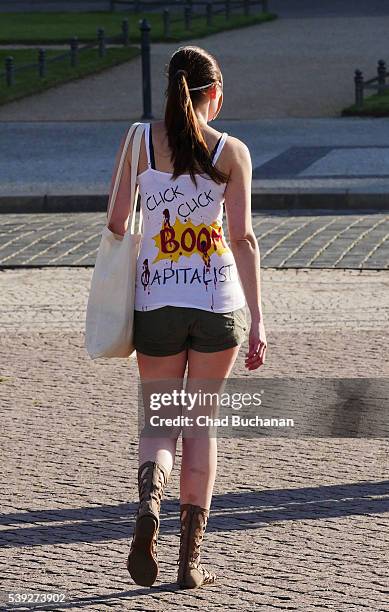 Lone protester makes her opinton known outside the Hotel Taschenbergpalais Kempinski Dresden, the venue of the 2016 Bilderberg Group conference, on...