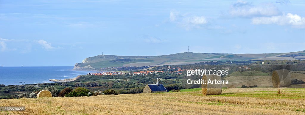 Mowed field with view over the village Escalles and Cap Blanc Nez ...