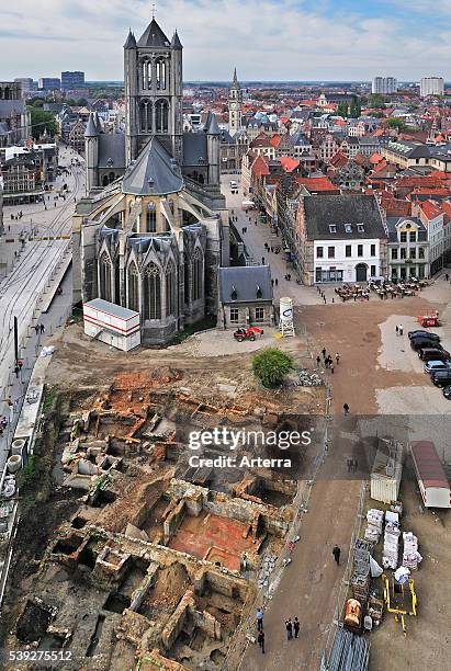 The Saint Nicholas' church / Sint-Niklaaskerk and archaeological excavations at the Emiel Braunplein / E. Braun Square at Ghent, Belgium.