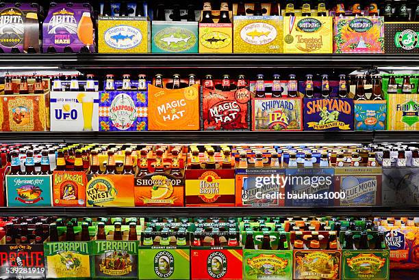microbrewery products - in store beer display stock pictures, royalty-free photos & images