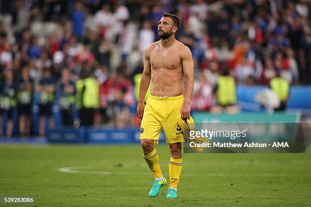 Razvan Rat of Romania looks dejected at the end of the UEFA EURO 2016 Group A match between France and Romania at Stade de France on June 10, 2016 in...