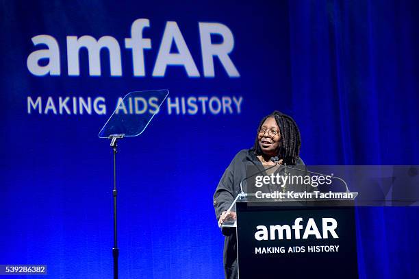 Whoopi Goldberg speaks on stage during the 7th Annual amfAR Inspiration Gala New York at Skylight at Moynihan Station on June 9, 2016 in New York...