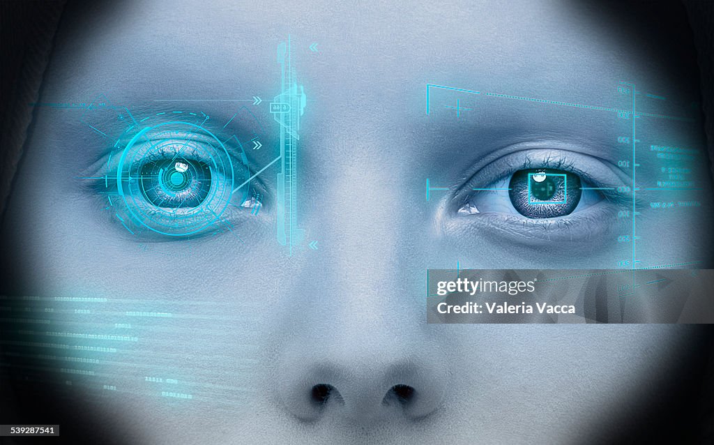 Close-up of a woman with hi tech heads-up display