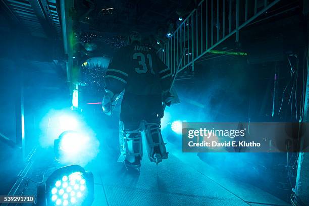 Rear view of San Jose Sharks goalie Martin Jones taking ice before game vs Pittsburgh Penguins at SAP Center. Game 4. San Jose, CA 6/6/2016 CREDIT:...