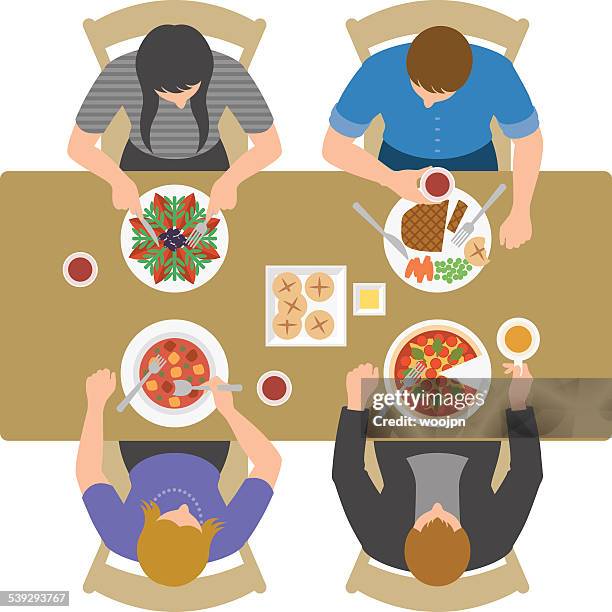 overhead view of people having lunch and talking at restaurant - restaurant food stock illustrations