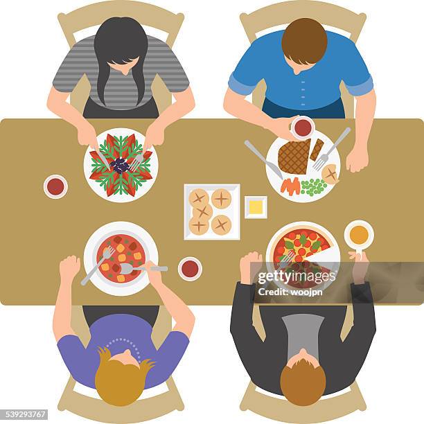 overhead view of people having lunch and talking at restaurant - school-cafeteria stock illustrations