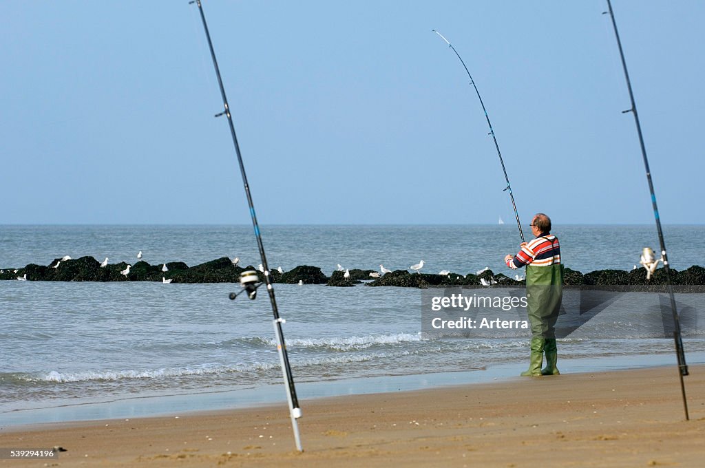 Sea angler with many fishing rods fishing from beach along the North  News Photo - Getty Images