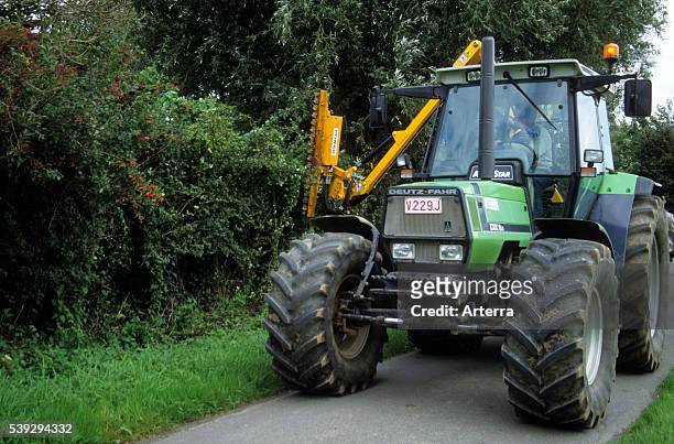 Trimming of hawthorn hedges in verge along road with tractor.