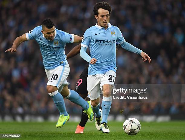 David Silva and Sergio Aguero of Manchester City during the UEFA Champions League Quarter Final Second Leg match between Manchester City FC and Paris...