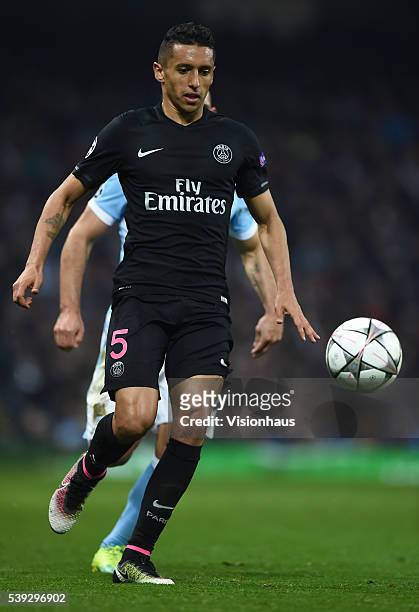 Marquinhos of Paris Saint-Germain in action during the UEFA Champions League Quarter Final Second Leg match between Manchester City FC and Paris...