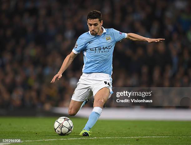 Jesus Navas of Manchester City in action during the UEFA Champions League Quarter Final Second Leg match between Manchester City FC and Paris...