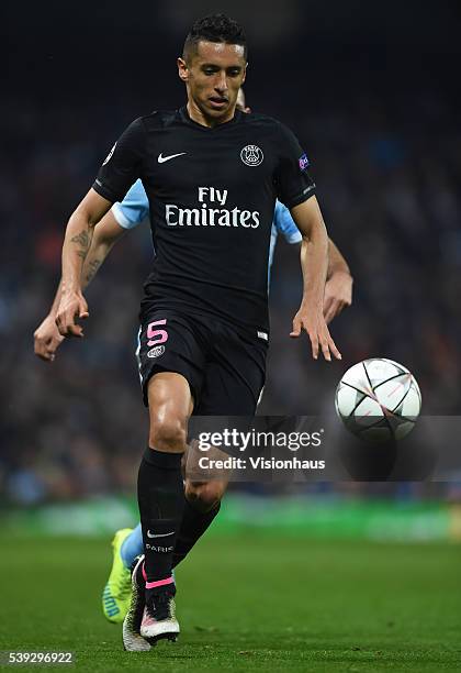 Marquinhos of Paris Saint-Germain in action during the UEFA Champions League Quarter Final Second Leg match between Manchester City FC and Paris...