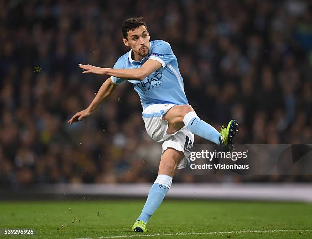 Jesus Navas of Manchester City in action during the UEFA Champions League Quarter Final Second Leg match between Manchester City FC and Paris...