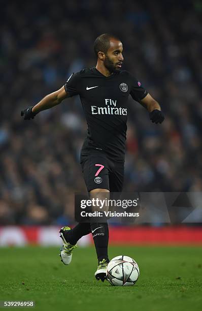 Lucas of Paris Saint-Germain in action during the UEFA Champions League Quarter Final Second Leg match between Manchester City FC and Paris...