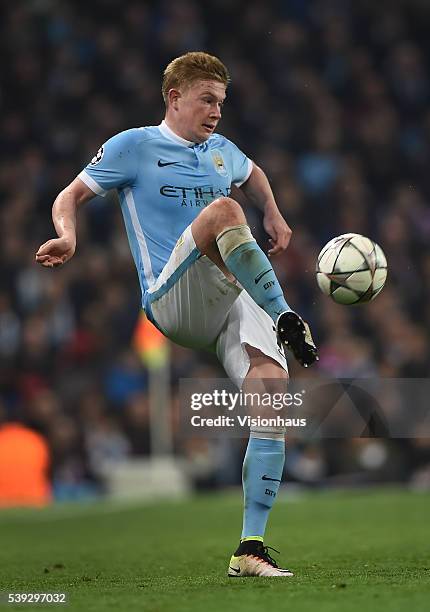 Kevin De Bruyne of Manchester City in action during the UEFA Champions League Quarter Final Second Leg match between Manchester City FC and Paris...