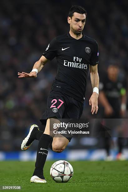 Javier Pastore of Paris Saint-Germain in action during the UEFA Champions League Quarter Final Second Leg match between Manchester City FC and Paris...