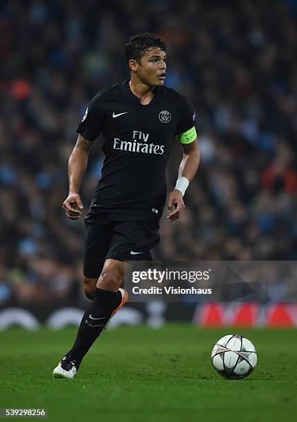 Thiago Silva of Paris Saint-Germain in action during the UEFA Champions League Quarter Final Second Leg match between Manchester City FC and Paris...