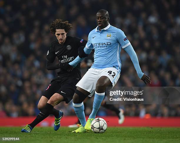 Yaya Toure of Manchester City and Adrien Rabiot of Paris Saint-Germain in action during the UEFA Champions League Quarter Final Second Leg match...