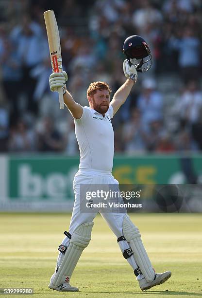 Jonny Bairstow of England celebrates scoring a century during day one of the 3rd Investec Test match between England and Sri Lanka at Lord's Cricket...