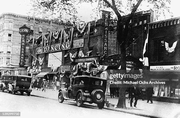 View of the exterior of The Renaissance Ballroom and Casino located at 138th Street and Seventh Avenue in Harlem circa 1925 in New York City, New...